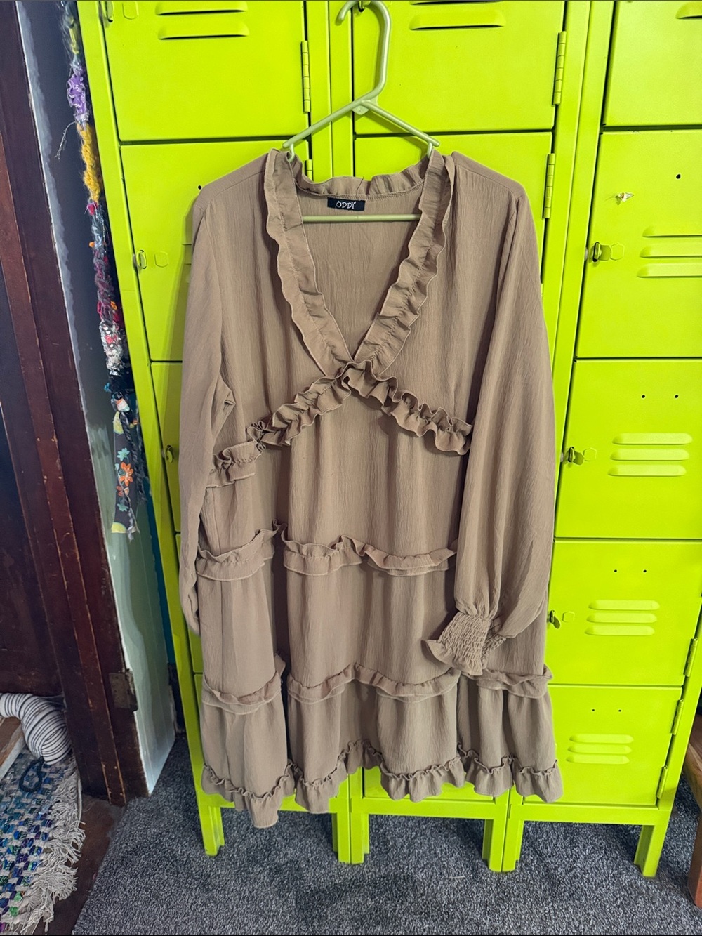 ODDY Taupe Ruffle Tiered Long Sleeve Dress